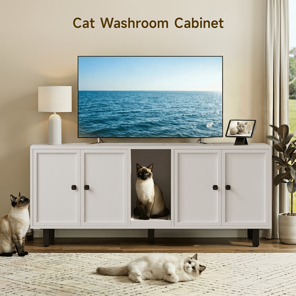 [Cat Litter Box Enclosure] 59 Inches Cat Litter Box Enclosure for 2 Cats, Hidden Litter Boxes Furniture with Cat Scratch Pad, Large Indoor Cat House with Double Room, Wooden TV Stand Side Table, Black