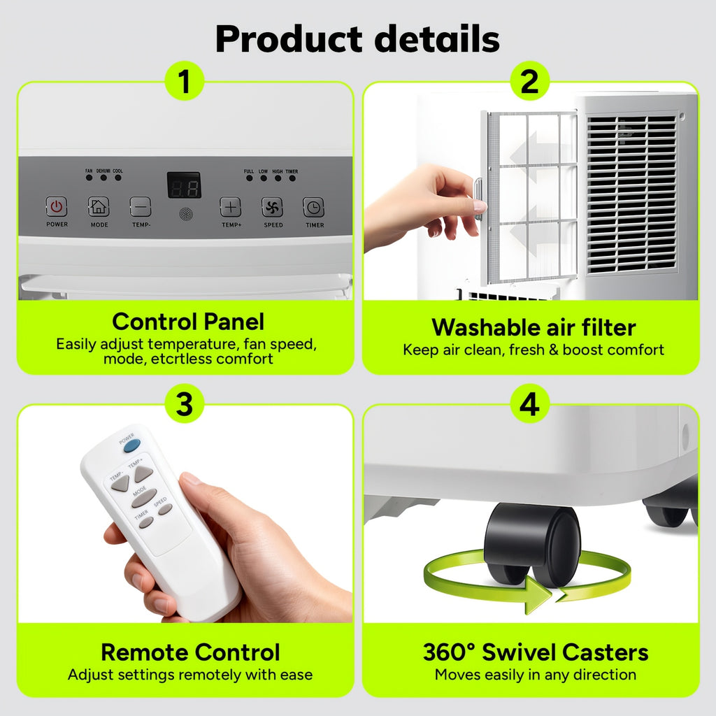 Compact Portable Air Conditioner, Smallest AC Unit with Powerful Cooling, Multi-Speed Fan, Dehumidifier, 24H Timer, Remote Control, Washable Filter & Wheels for Bedroom, Room, Office, Apartment