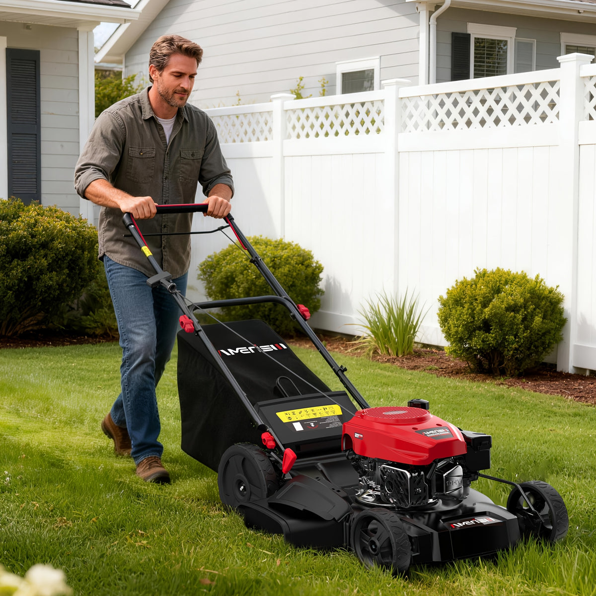 21" Self-Propelled Gas Lawn Mower with 165cc 4-Stroke Engine, RWD Gas Powered Mower for Large Yards & Hills, 3-in-1 Mulching/Bagging/Side Discharge, 6 Adjustable Heights