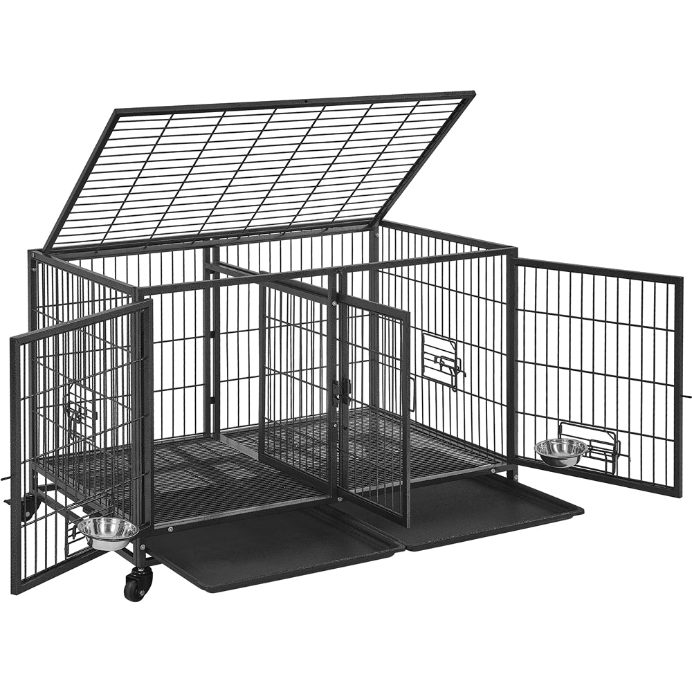 Costoffs Halloween 29/35"H Rolling Dog Crate Rolling Heavy Duty Dog Cage with 2 Stainless-steel Bowls, Removable Divider, 2 Pull-out Trays for Dogs, Black