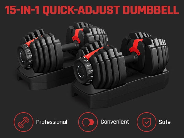 Costoffs 15-in-1 Quick-adjust Dumbbell, 1-sec Adjustable Weights From 5LBS To 52.5LBS, Space-saving Design For Home Gym, Black&Red