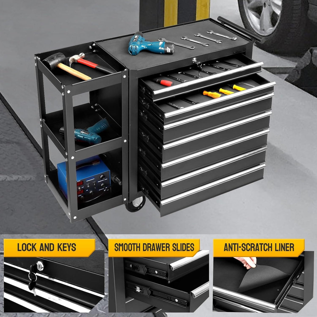 7-Drawer Rolling Tool Chest with Side Shelves, Tool Storage Side Cabinet w/ Lockable Wheels, Top Cushion & Drawer Liners, Tool Organizer Box for Garage, Warehouse & Repair Shop