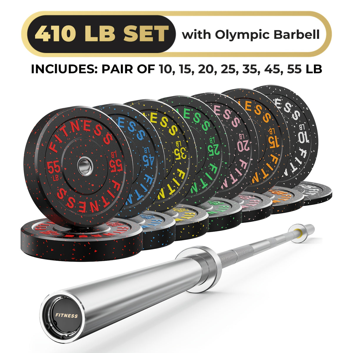 Rubber Bumper Plates with 7ft Barbell, 70LB to 410LB Heavy Duty Weight Plates + 2-Inch Barbell Combo, Bumper Plates with Steel Hub, Home Gym Strength Training for Deadlift Squat Bench Press, 1 Barbell Per Set