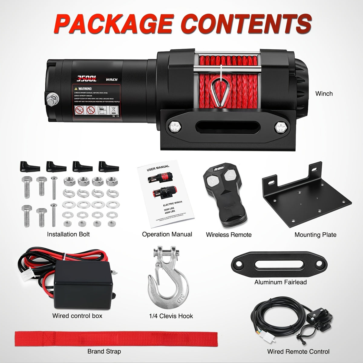 Electric Winch 3500Lb/4500Lb/12000Lb/13500Lb - Electric Truck Winch 12V with Red Synthetic Rope - Fairlead Wired Handle & Infrared Remote - Winch for Jeeps Road SUV Boat Towing Trailer 4WD 4X4 ATV UTV - ATV Winch Kit