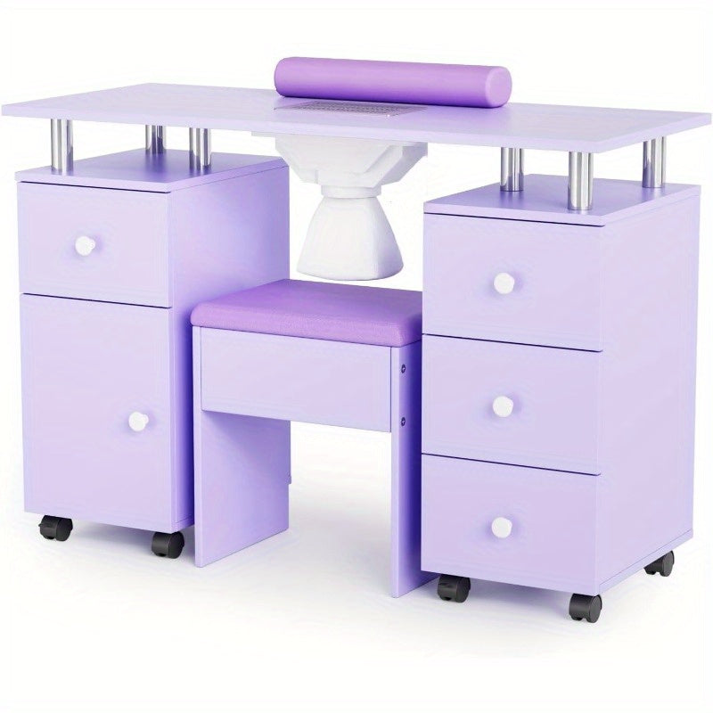 Professional Nail Desk and Chair Set with Stool - Heavy-Duty Mobile Manicure Station w/Dust Collector, Acetone-Resistant Desktop, 4-Wheel Rolling Cart & Storage Drawers - Heavy-Duty Nail Tech Table for Salon, Home, or Spa - (White/Black/Lavender/Mint Gree