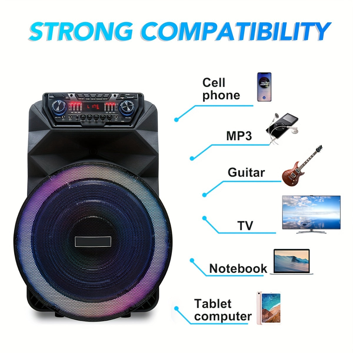 18 Inch Party Rechargeable Wireless Speaker With Deep Bass, 4500W Peak Power DJ Sound System With Wireless Microphones, USB/SD, AUX & Guitar Inputs