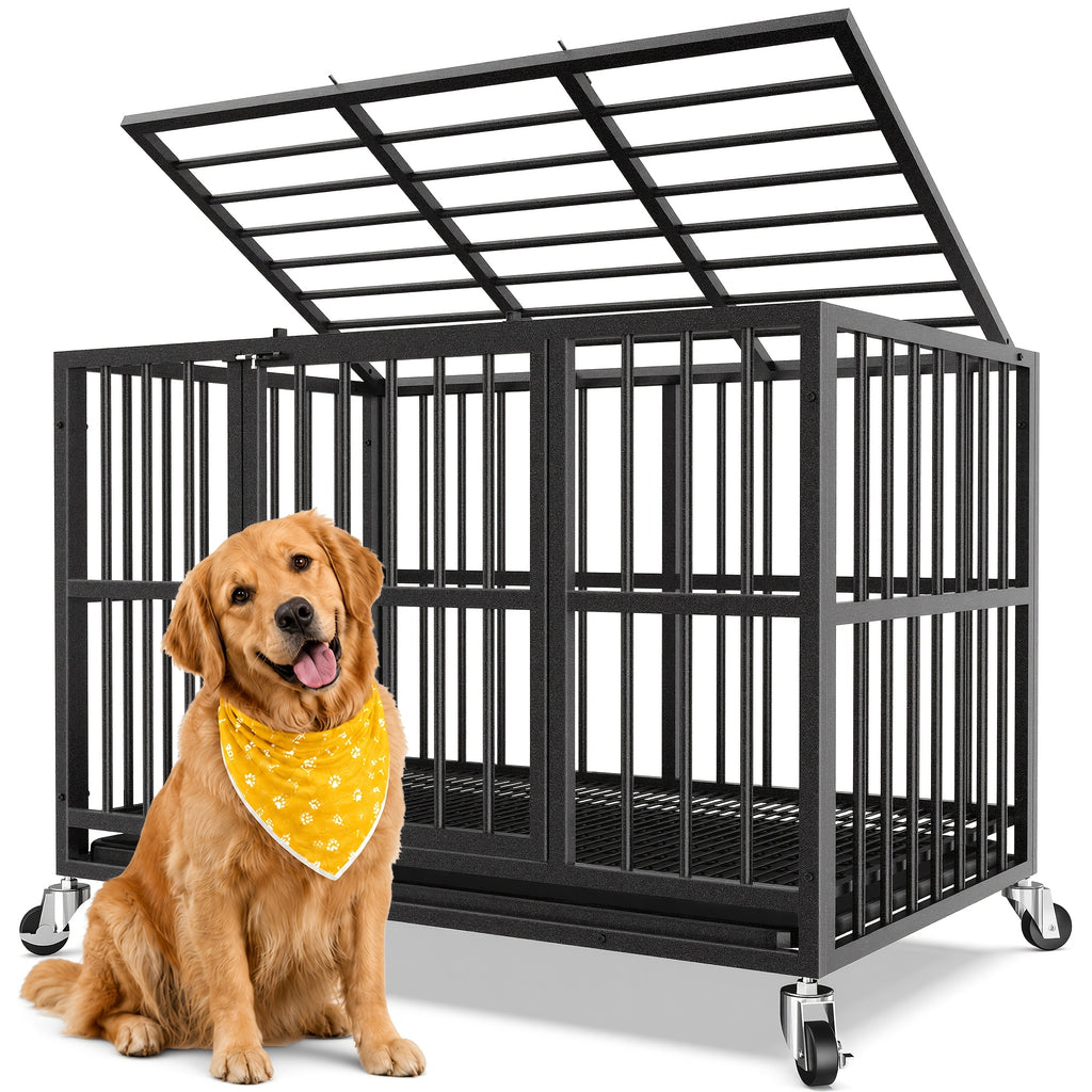 [Indoor Dog Crate] Heavy Duty Simple Version Round Pipe Iron Dog Crate, Indoor Double Door Dog Crate With Wheels With Removable Tray