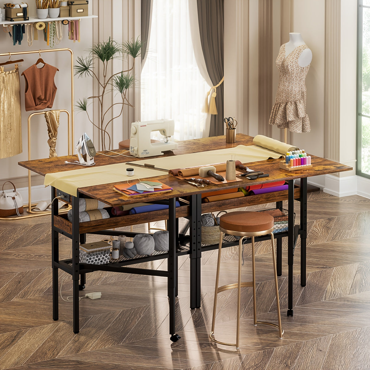 50" Foldable Sewing Cutting Table with Charging Station | Height Adjustable, Metal Frame, Storage Space, Suitable for Sewing and Craft Rooms, Mixed Color, ISUNIRM