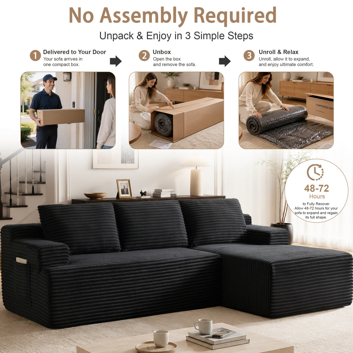 L-Shaped Cloud Sofa, 3-Seater Corduroy Sectional Couch with Oversized Chaise, Deep Seat Modular Sofa, No Assembly Required, Modern Couch for Living Room & Bedroom