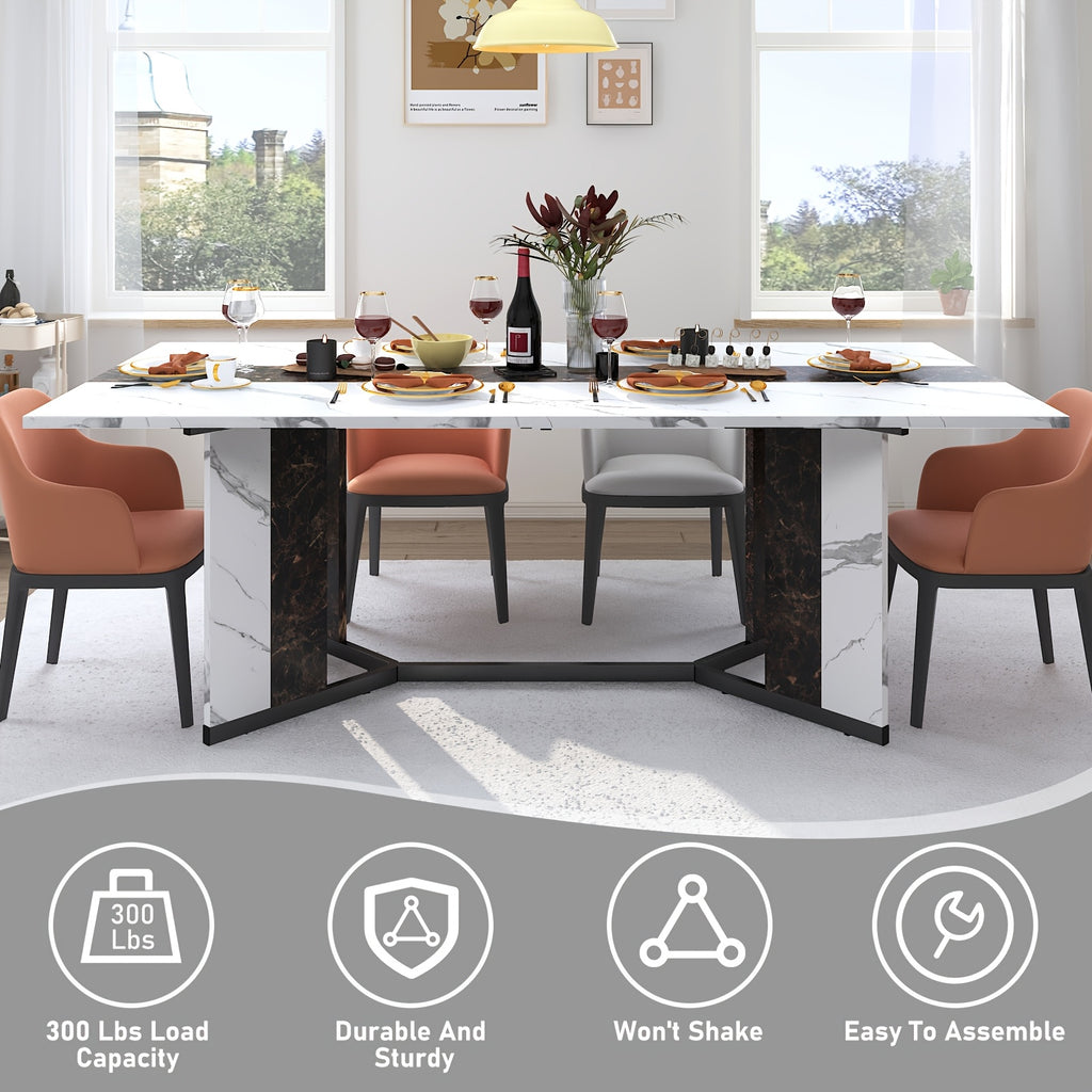 Luxurious 71-Inch Large Rectangular Dining Table with Marble-Color Wood Top, Adjustable V-Shaped Legs, Waterproof and Scratch-Proof for 4-7 People - Ideal for Family Dinners, Office, Kitchen, Living Room