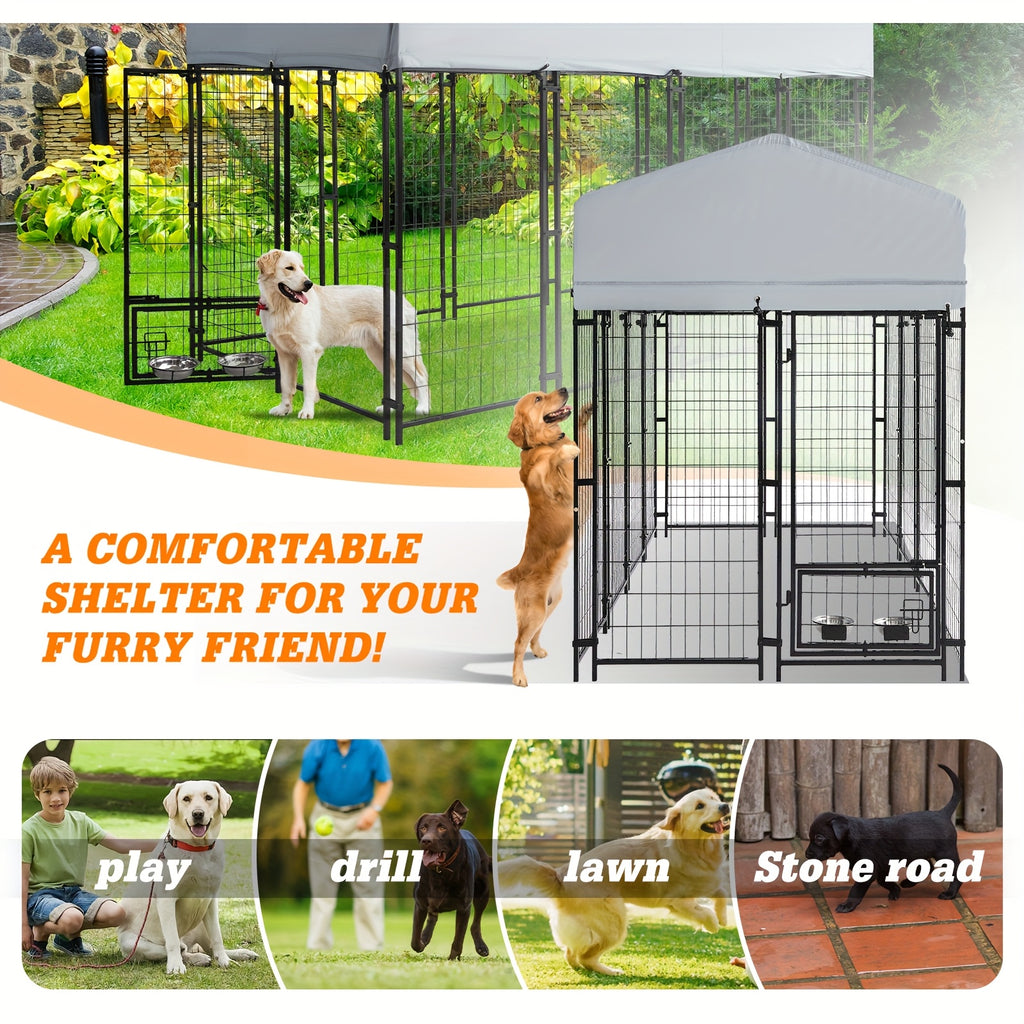 8x4x6ft Outdoor Dog Kennel with Roof Cover, Heavy Duty Dog House Outside with Lockable Door, Indoor Dog Playpen Outdoor Dog Cage Pen Pet Fence with 2 Rotating Feeding Bowls for Large Dogs