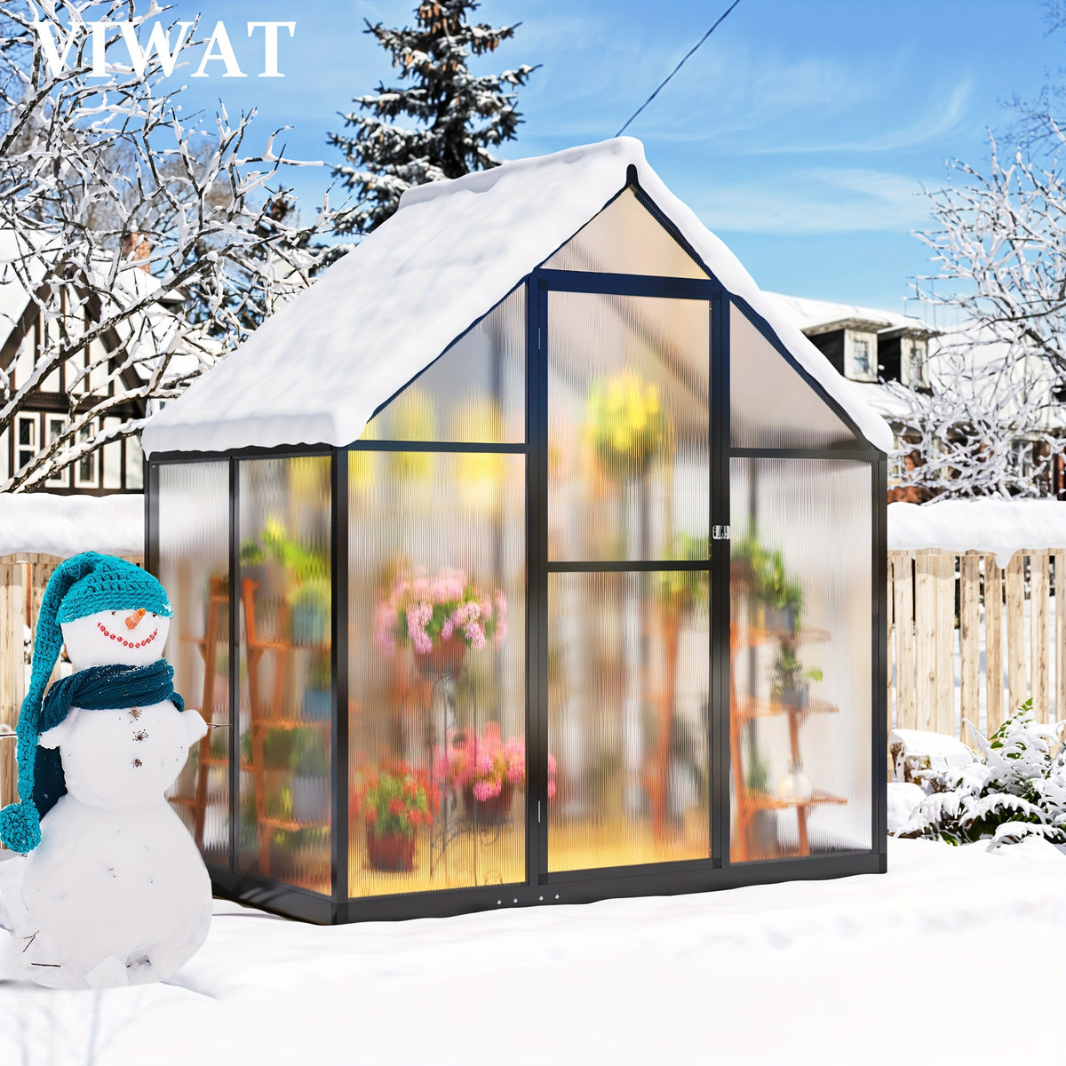 [Large Walk-in Greenhouse] VIWAT Greenhouse for Outdoors, Polycarbonate Greenhouse With Quick Setup Structure and Roof Vent, Aluminum Large Walk-in Greenhouse for Outside Garden Backyard, Garden Houses