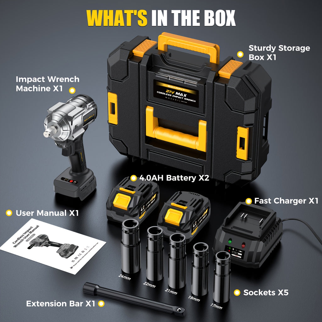 Wireless Impact Wrench, 1300 Nm High-Torque Powerful Wrench 1/2 Impact Gun, 2 4.0Ah Batteries with 21V Max Fast Charging, 5 Sockets, Suitable for Semi-Trailer Tires, Heavy Machinery, Steel Structures