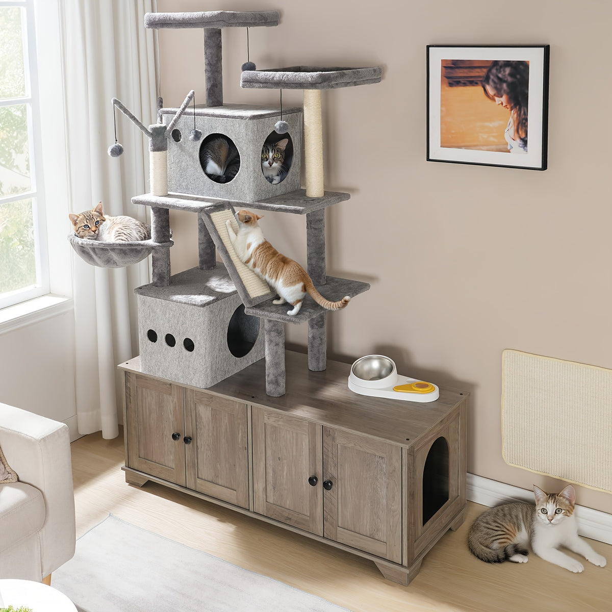 Double Litter Box Enclosure with Cat Tree, 45.3"L X 17.7"W X 68.9"H All-In-One Modern Cat Tower with Cat Bed, Hidden Litter Box Enclosure Furniture, with Hammock, Sisal Posts, Greige