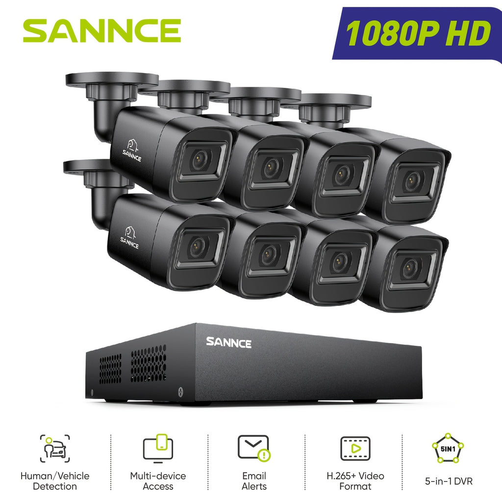 SANNCE 8CH 1080P Security Camera System with 8pcs 2MP Wired Surveillance Bullet Cameras 5-in-1 CCTV DVR Recorder with 100ft Night Vision, Motion Alert, Remote Access