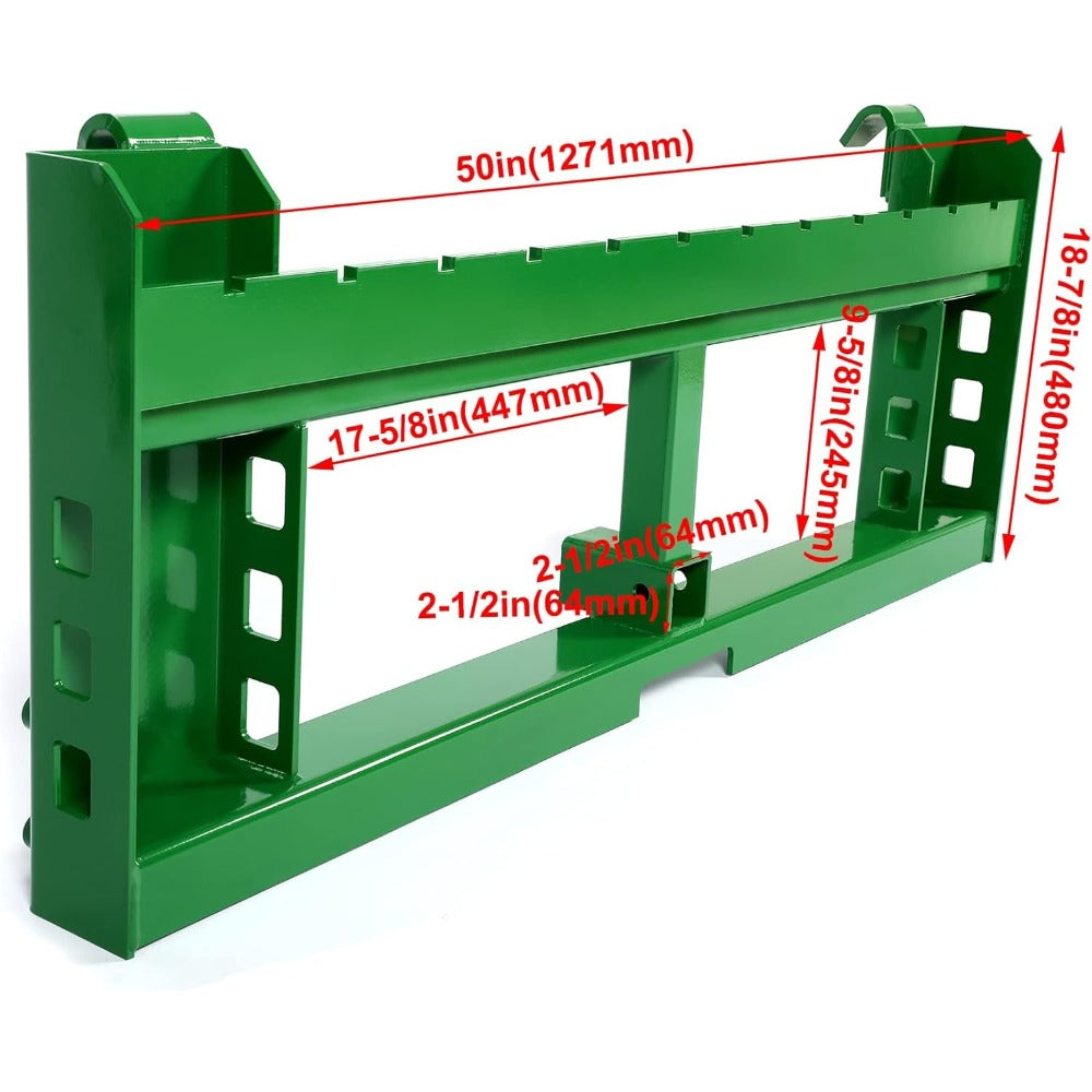 Trailer Pallet Fork Frame Attachment Compatible with 200 300 400 500 Series Loaders Skid Steer Hitch Rated 3000 LB Recciver Alloy Steel Green