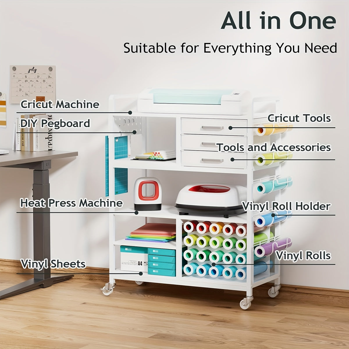 Craft Cart And Organizer Table Compatible - Rolling Storage Cart/Shelf with 20 Vinyl Roll Holders, 3 Fabric Drawer, Accessories Holder, Tool Hook for Craft Room Home, Office, Storage Cabinets