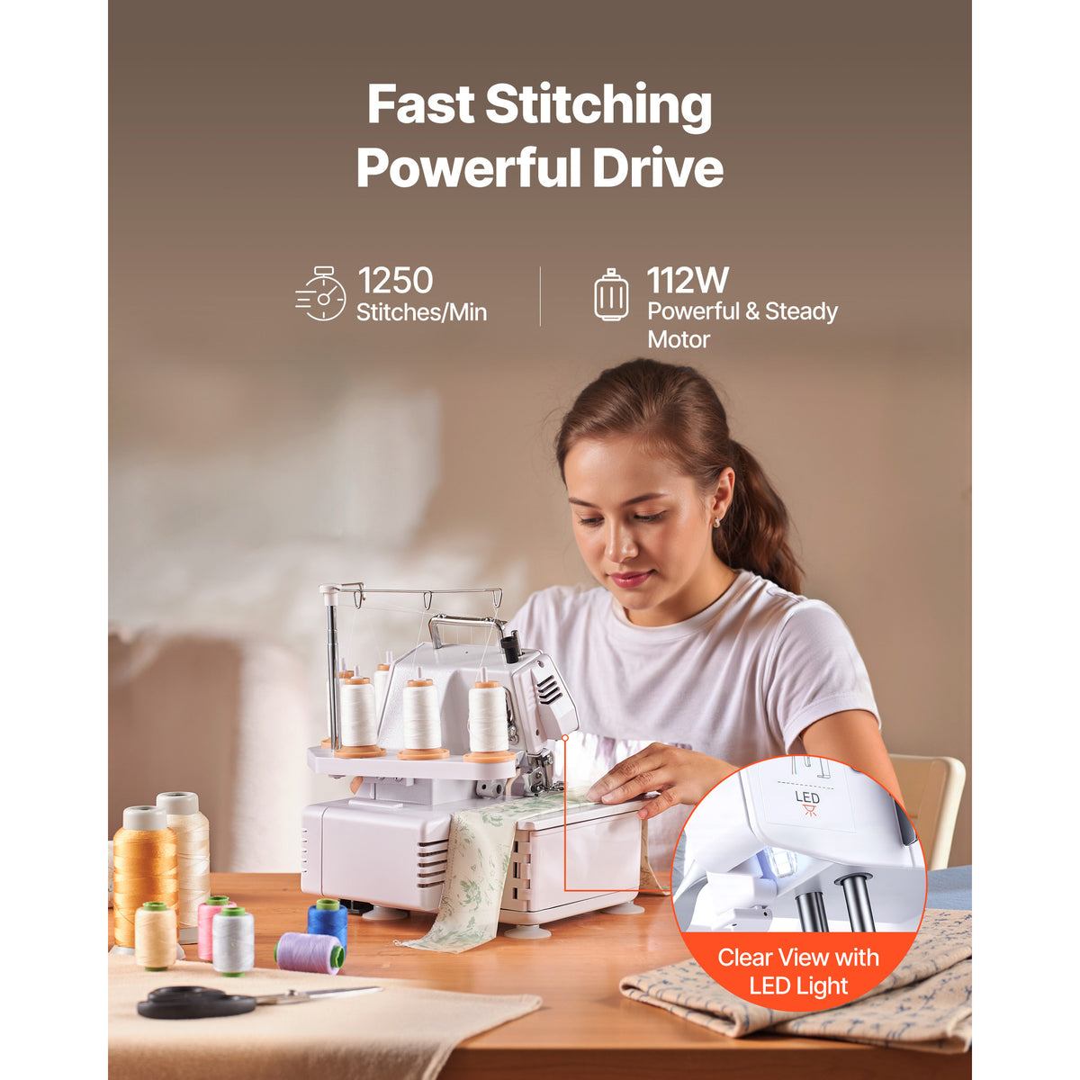VEVOR Serger Overlock Sewing Machine, 1250 Stitches Per Minute, 2-3-5 Thread Capability, with LED Light and Strong Suction Feet, Heavy-Duty Metal Frame Sewing Machine for Various Fabrics, White