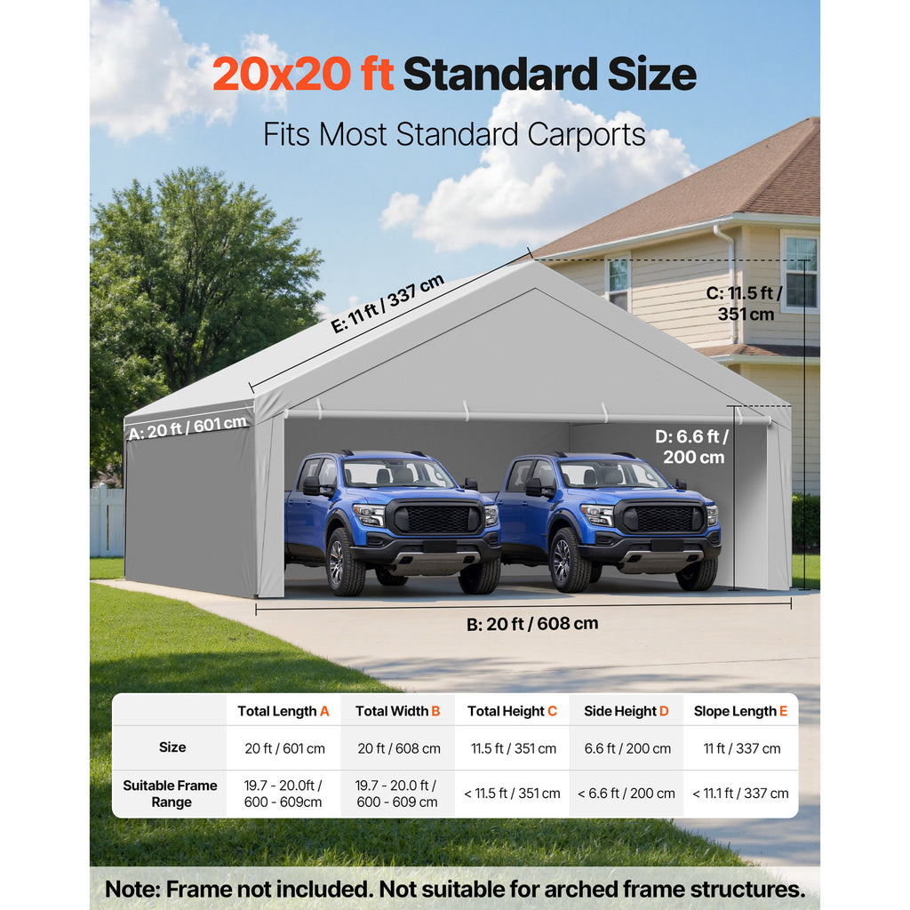 VEVOR Carport Replacement Canopy, 10 x 20 ft / 12 x 20 ft / 13 x 20 ft / 20 x 20 ft Potable Garage Tent Top Tarp with Sidewalls, UV-Resistant & Waterproof, Heavy Duty Car Shelter Tarp with Ball Buggees, Beige / Grey, Frame Not Included