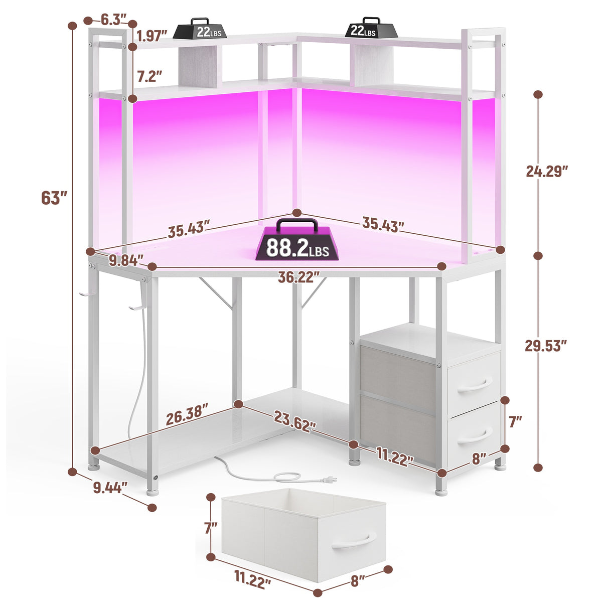 Corner Computer Desk for Work and Gaming — Multi-Tier Storage Meets Built-In Charging and Color LED Lighting