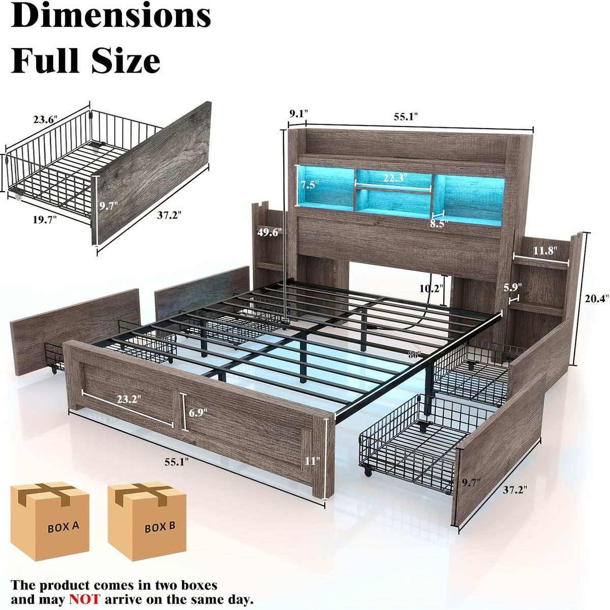 PAPABABE Bed Frame With 49.6 Inch Bookcase Headboard, 4 Drawers And 2 Detachable Storage Racks - Farmhouse Wood Bed Frame With RGB LED Lights And Charging Station, No Box Spring Needed