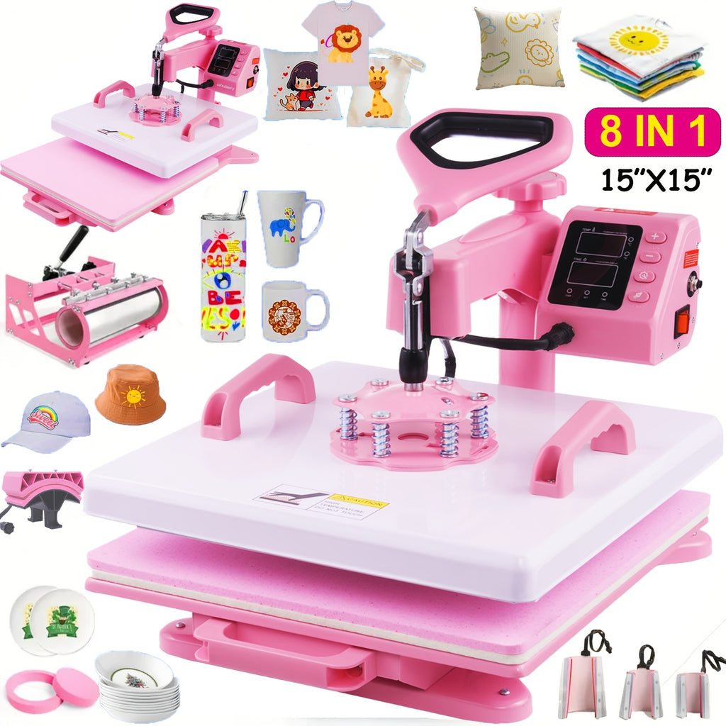 11pcs 8-in-1 - 15"x15"/12"x15" Heat Press Set for T-Shirts, Bags, Pillows, Hats, Beanies, Roller - 12"x10" T-Shirt Machine(Weight 25.35 Lbs) & 15"x15" Auto Single-Workbench & 15"x15" Auto Dual-Workbench Heat Press Only for Cloth, Shirts, Canvas Bags