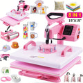 11pcs 8-in-1 - 15"x15"/12"x15" Heat Press Set for T-Shirts, Bags, Pillows, Hats, Beanies, Roller - 12"x10" T-Shirt Machine(Weight 25.35 Lbs) & 15"x15" Auto Single-Workbench & 15"x15" Auto Dual-Workbench Heat Press Only for Cloth, Shirts, Canvas Bags