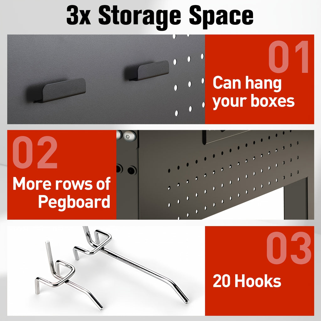 60"× 22" Garage Workbench with Drawers & Pegboard -- Adjustable Heavy Duty Table with Power Strip, Strip Light & Thick Rubber Wood Top, 2000LBS Load Capacity for Workshop, Office, Home Garage