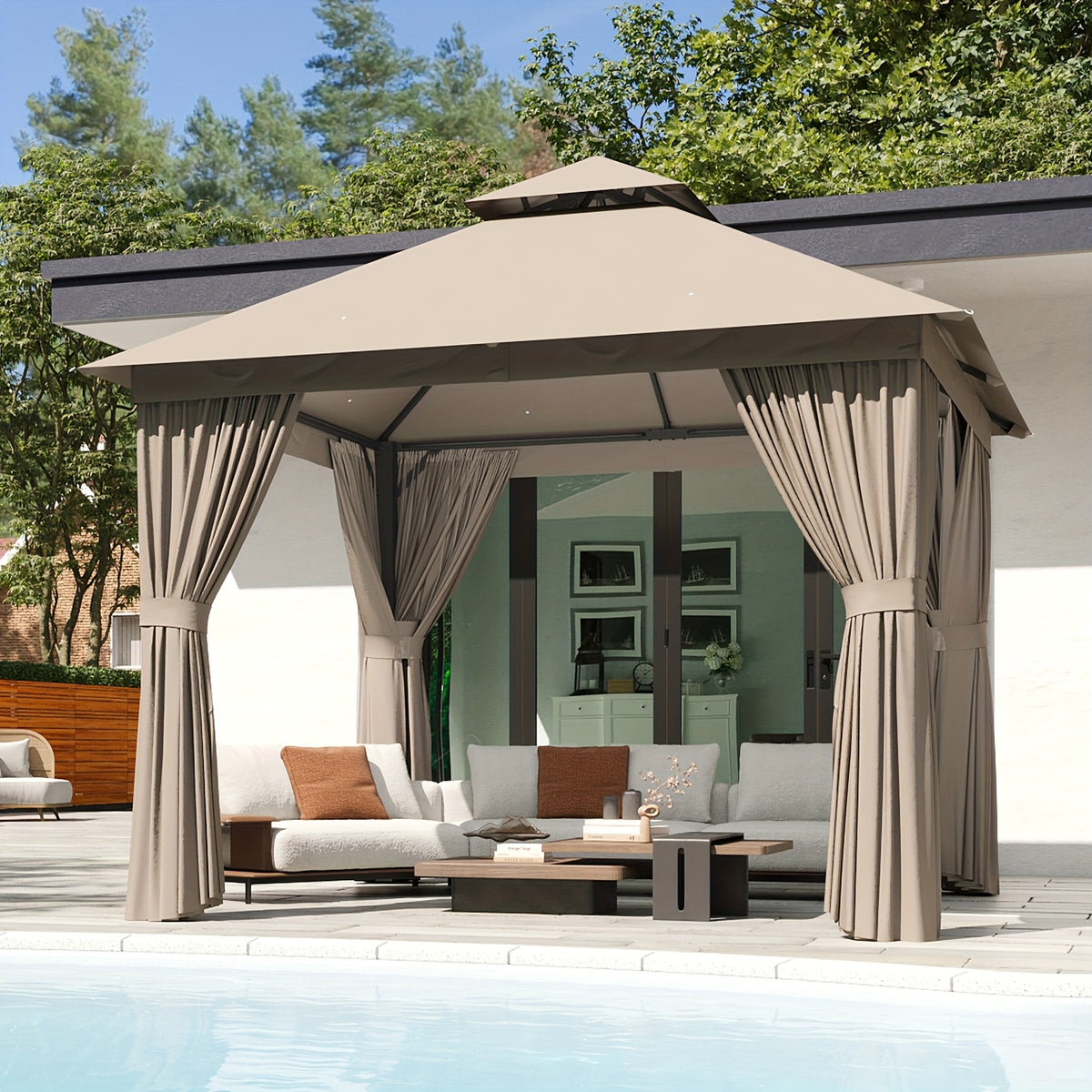 10'x12'/10'x10'/8'x8' Outdoor Gazebo & Pergola for Patio - Double Roof Steel Canopy with Mosquito Net And Privacy Screen, Heavy Duty Party Tent Shelter for Backyard, Lawn, Garden, All-Weather Gazebos with Patio Cover (Grey/Beige/Blue)