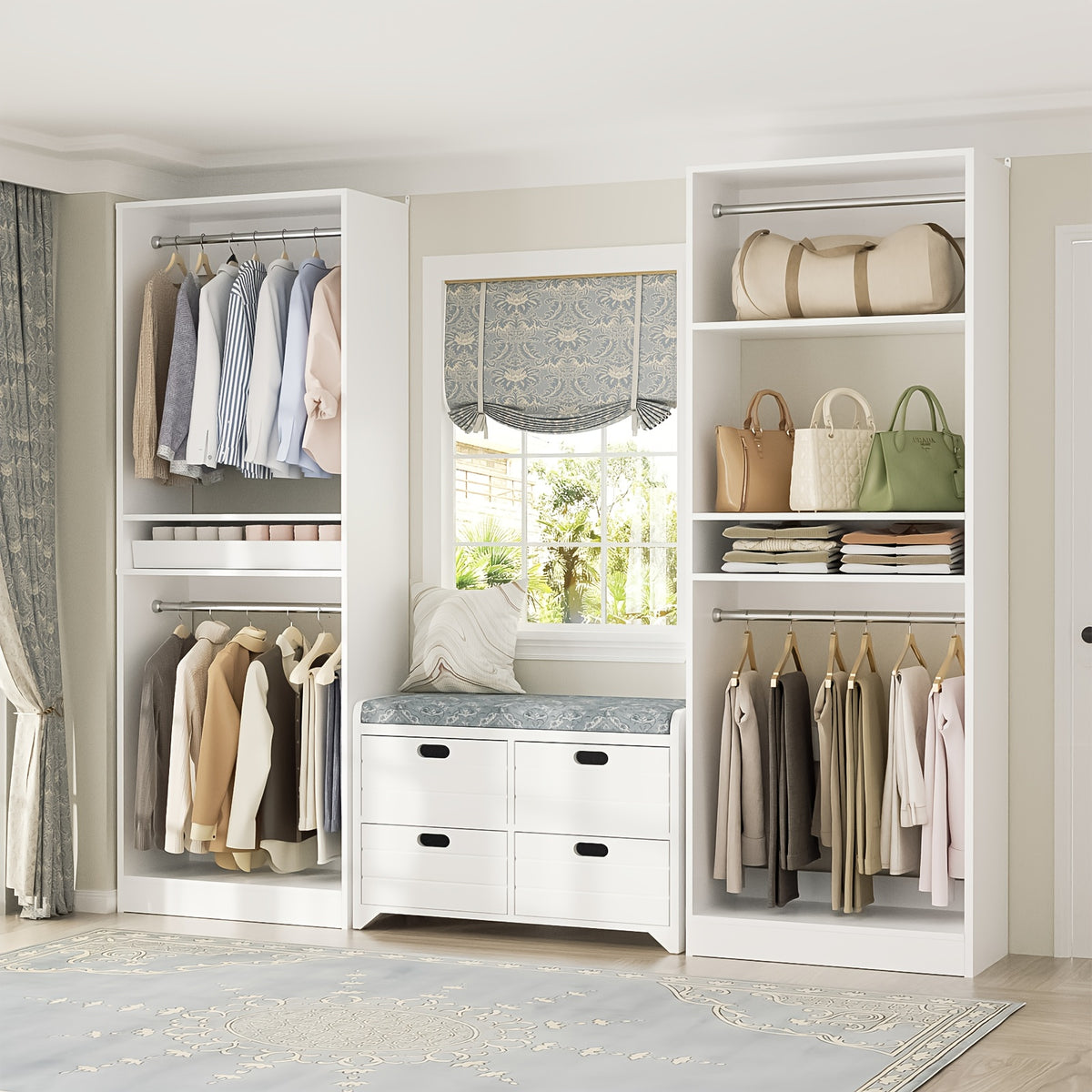Besiost 50 Inch Closet System, 4.2ft Closet Storage Organizer with Hanging Rods And Shelves, Sturdy Walk In Wardrobe Closet Tower, Adjustable Clothes Garment Rack, Easy Assembly, Set Of 2, White