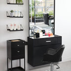 Wall-Mounted Salon Station for Hairdressing, Featuring a Mirror, One Drawer, One Storage Cabinet, And Two Hairdryer Holders, Suitable for Beauty Salons, Personal Studios, And Hair Salons - Black