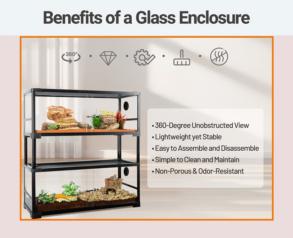 WACOOL Double Stacked Reptile Tank, 30" X 12" X 12" Tall Reptile Terrarium, Front Opening, Full Vision, Knock Down, 2 Pack 20 Gallon Glass Cage for Reptile, Bearded Dragon, Lizard, Snake, Gecko