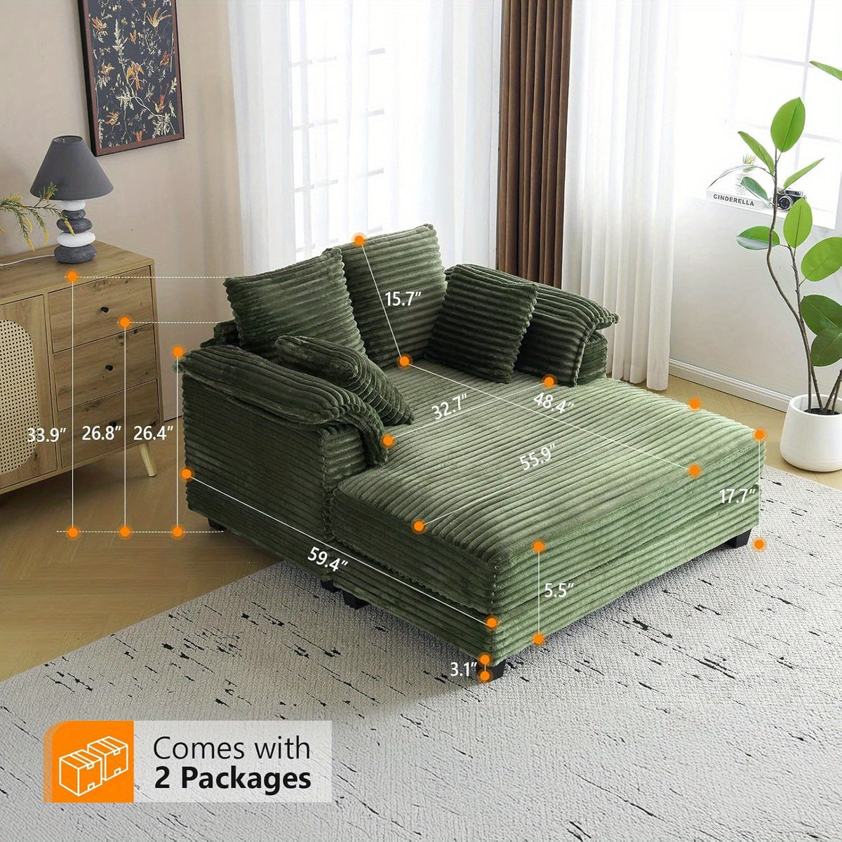 MOTOOS 56" Oversized Corduroy Sofa Bed with Recliner & Sleeper System - Convertible Bed to Couch Suitable for Living Room, Bedroom, Movie Room, Assembly, Throw Pillows & Armrests, Upholstered Chair for Small Spaces (No Wood Frame)