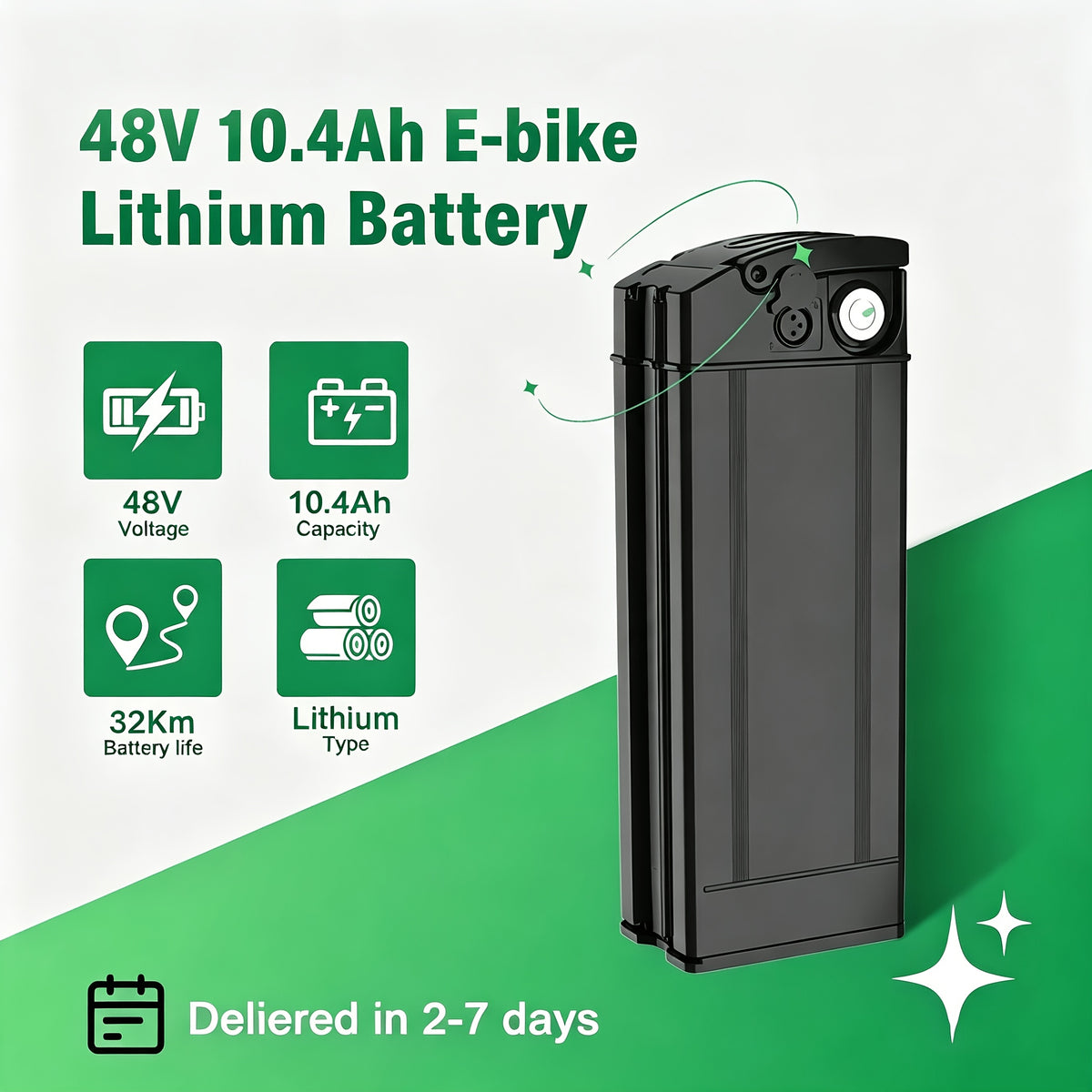 Electric Folding Bike Lithium Battery, Scooter Battery, 48V 10.4Ah High-Quality Long-Range Battery, Quick Replacement, Ready to Use Directly on Vehicle, Includes Original 2A Fast Charger, Compatible with Multiple Models, Range 30-40KM