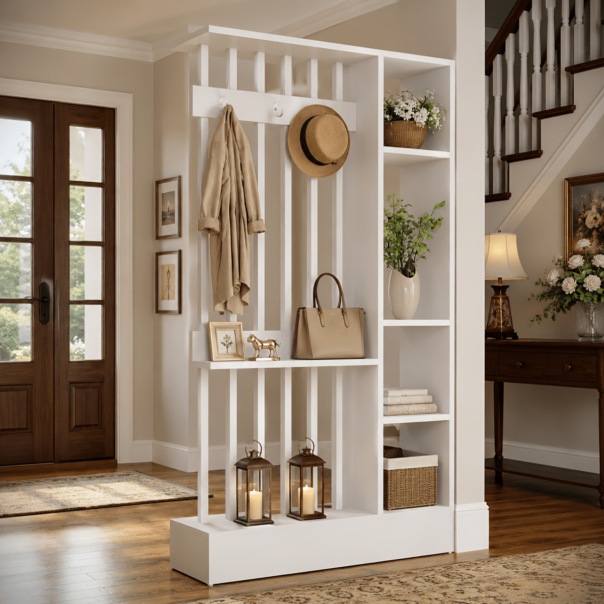 71' Wood Freestanding Room Divider, Wall Partition Bookcase with Shelves & Coat Hooks, Modern Decorative Screen for Home & Office, Brown
