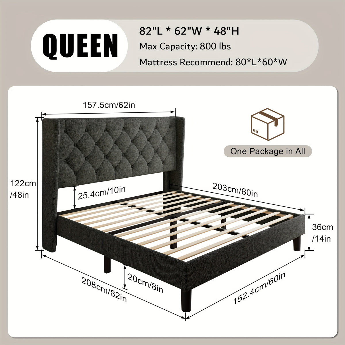 Valnase Modern Style Platform Bed Frame with 24"H Button Tufted Headboard, Solid Wood Slats Support, Artistic Legs Design - Dark Grey/Light Grey/Black Linen & White Velvet Options, Bed Frame for Home Bedroom