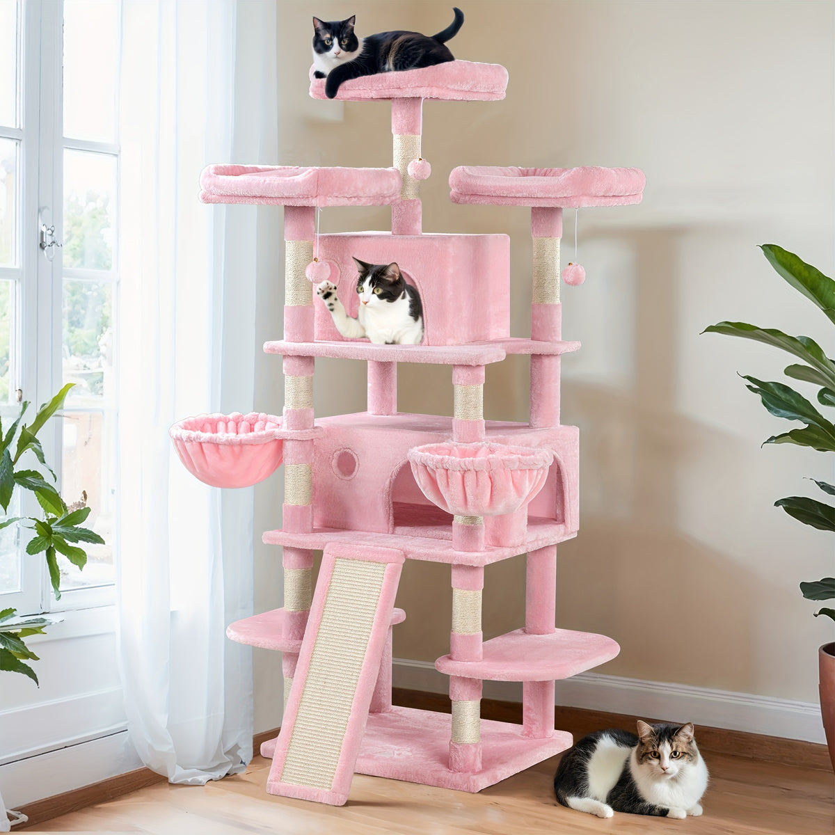 HOOMIC 68-Inch Multi-Level Cat Tree Tower for Large Cats/Cat Condo/Cozy Plush Cat Perches/Sisal Scratching Posts/Baskets/Wide Base Board/Cat Activity Center/Dark Grey/Grey/Beige/Pink/Leopard Print