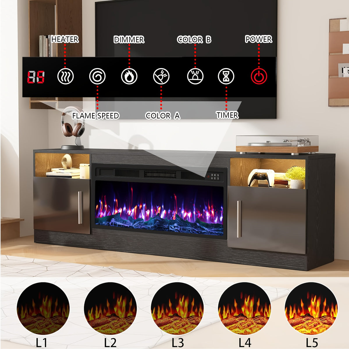Fireplace TV Stand with 36" Fireplace Up to 80" TVs, 70" Modern Wood High Gloss with Highlight Storage Cabinet, LED Light Entertainment Center with Storage Cabinets for Living Room