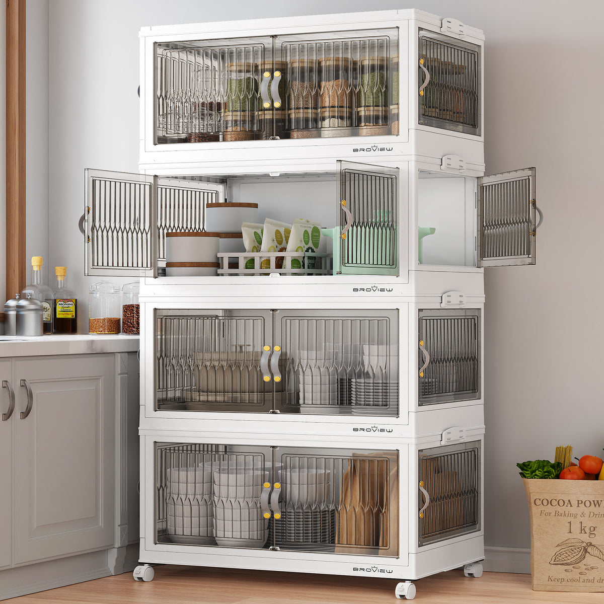 Stackable Storage Bins with Four-Way Access, Folding 30-Gallon Wheeled Organizers in White — 3 or 4 Pack