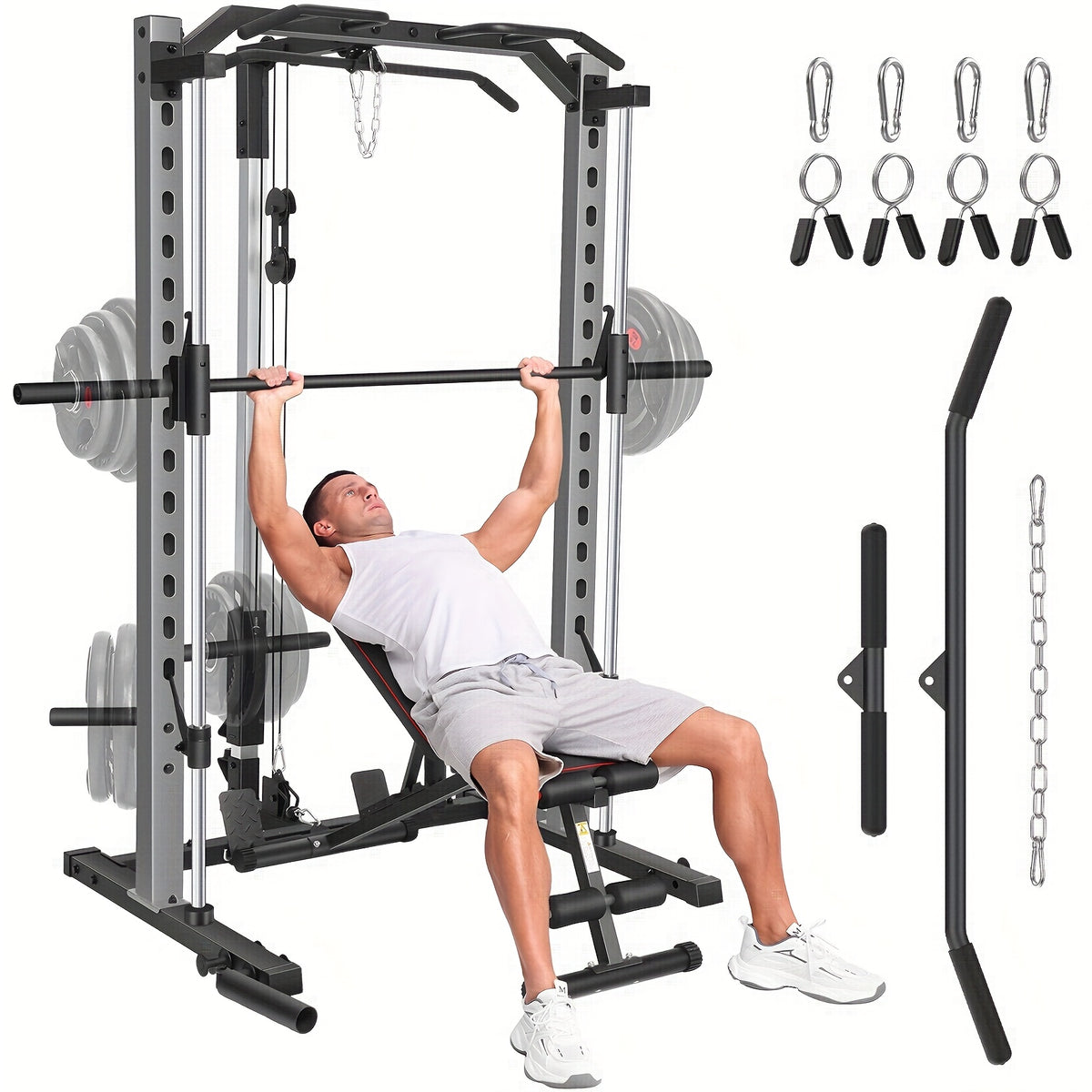 Multi-Station Home Gym Smith Machine Power Rack with LAT-Pull Down System and Cable Machine for Versatile Strength Training