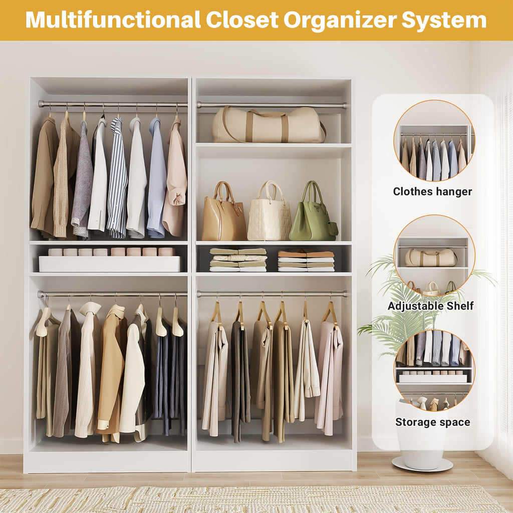 Besiost 50 Inch Closet System, 4.2ft Closet Storage Organizer with Hanging Rods And Shelves, Sturdy Walk In Wardrobe Closet Tower, Adjustable Clothes Garment Rack, Easy Assembly, Set Of 2, White