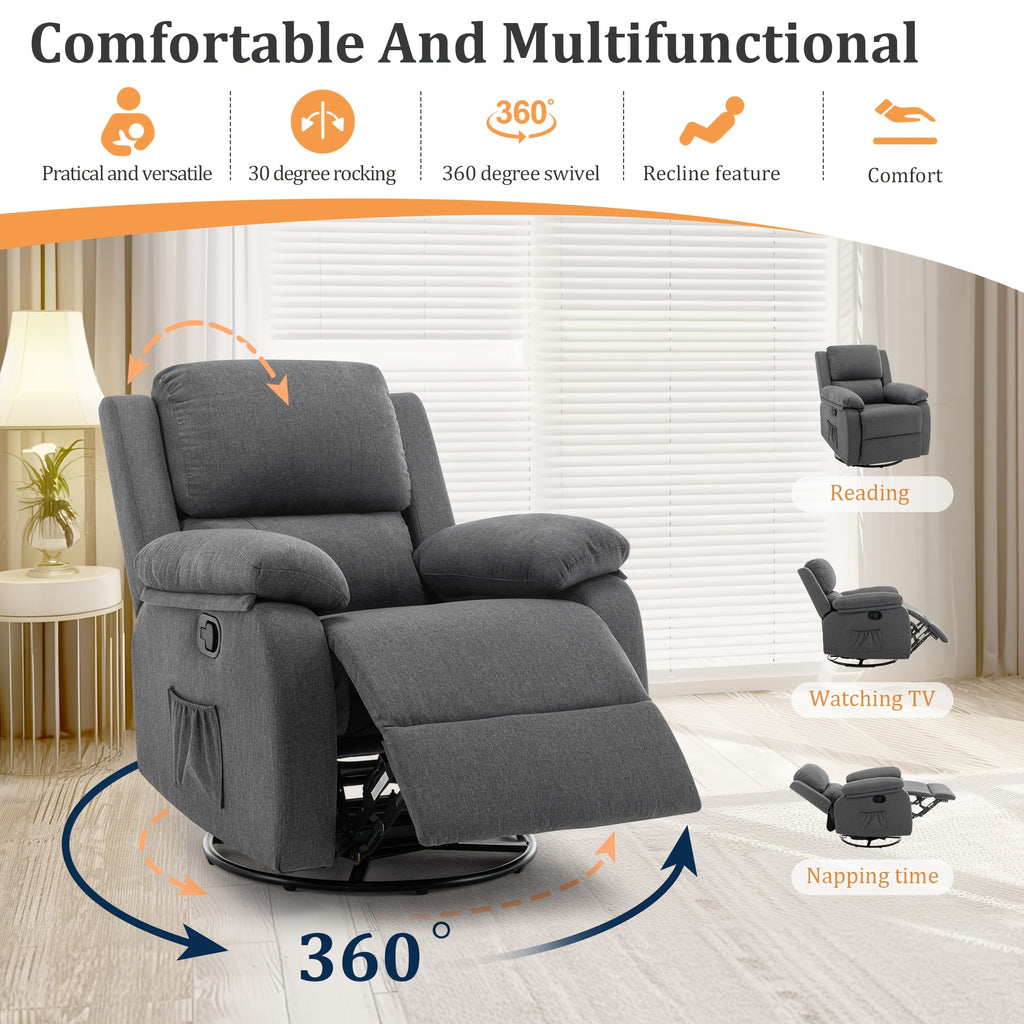 Recliner Chair, 360-Degree Swivel Rocking Chair for Adults, Small Space Rocking Recliner, Upholstered Fabric Recliner with Side Pockets for Living Room, Mother'S Day Gifts, Father'S Day Gifts, Gifts for The Elderly