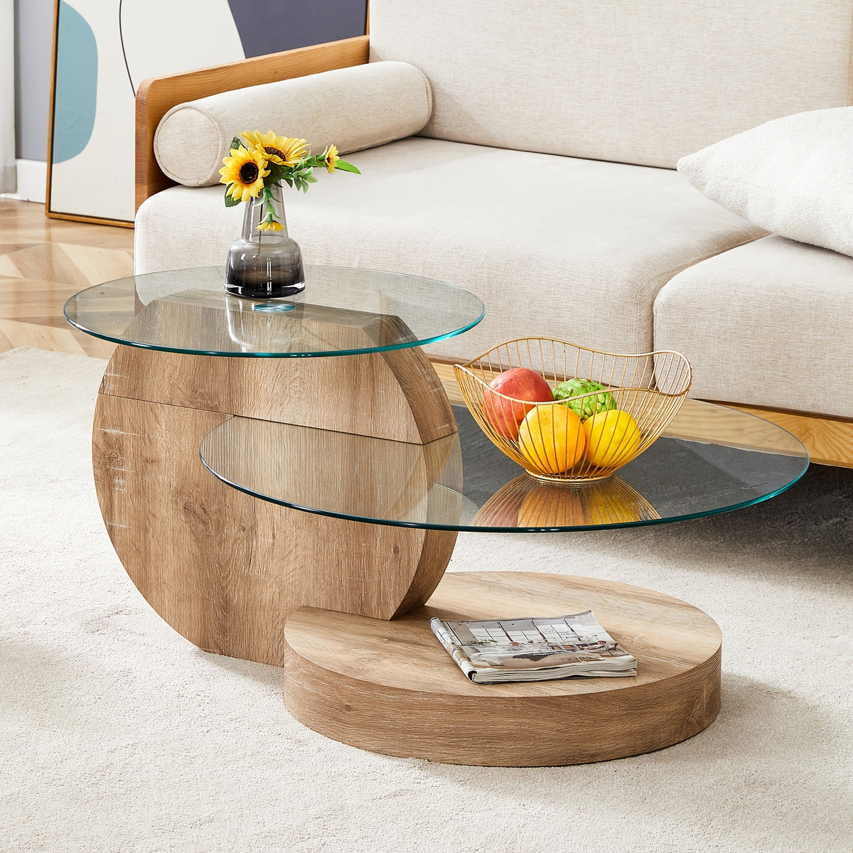 Glass Coffee Table for Small Spaces with Three-Tier Storage and a Clear Tempered Glass Top