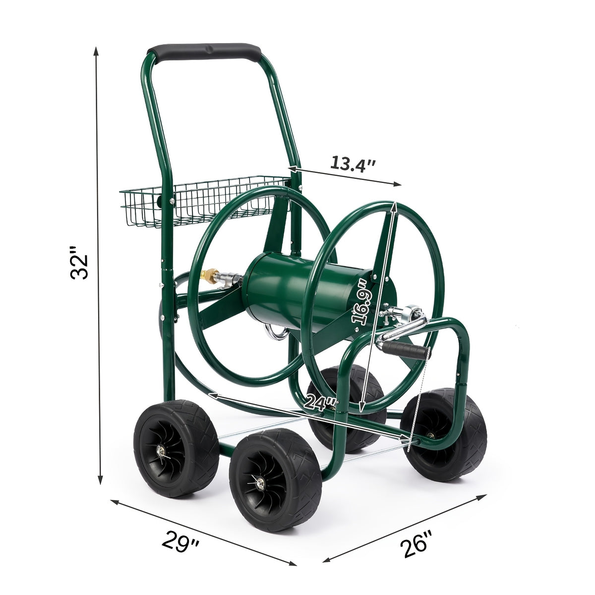 BONNLO Hose Reel Cart, Hold Up to 250ft Hose, Garden Water Hose Carts Mobile Tools with 4 Wheels, Heavy Duty Powder-coated Steel Outdoor Planting with Storage Basket, for Garden Yard Lawn, Upgrated Solid Tires