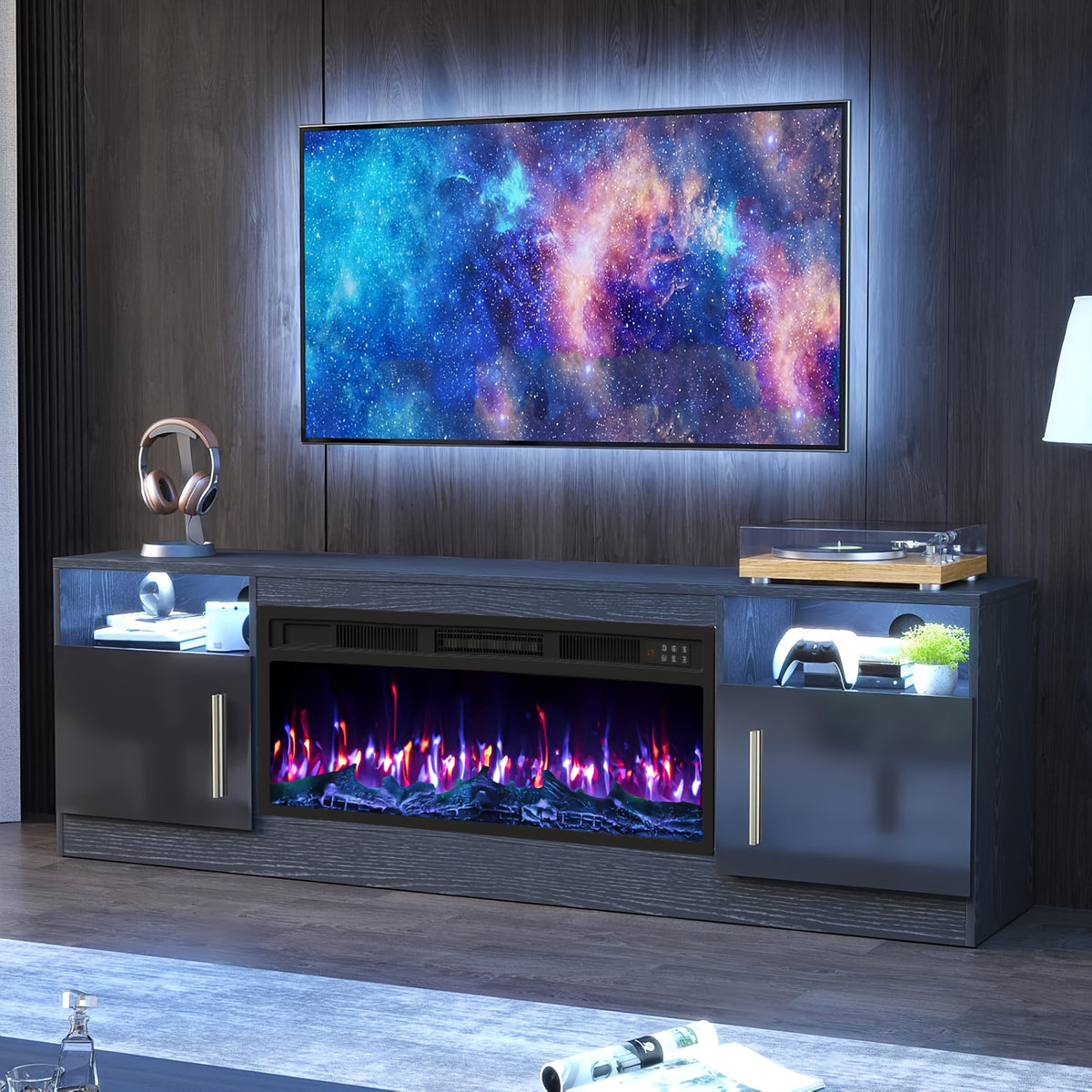 Fireplace TV Stand with 36" Fireplace Up to 80" TVs, 70" Modern Wood High Gloss with Highlight Storage Cabinet, LED Light Entertainment Center with Storage Cabinets for Living Room