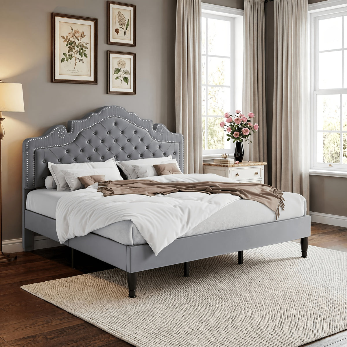 WEEWAY Full/Queen/King Bed Frame with Velvet Adjustable Tiara Curved Headboard And High Resilience, Upholstered Diamond Button Tufted Platform Bed with Wood Slats/No Box Spring Needed/Noise Free/Black/Dark Grey