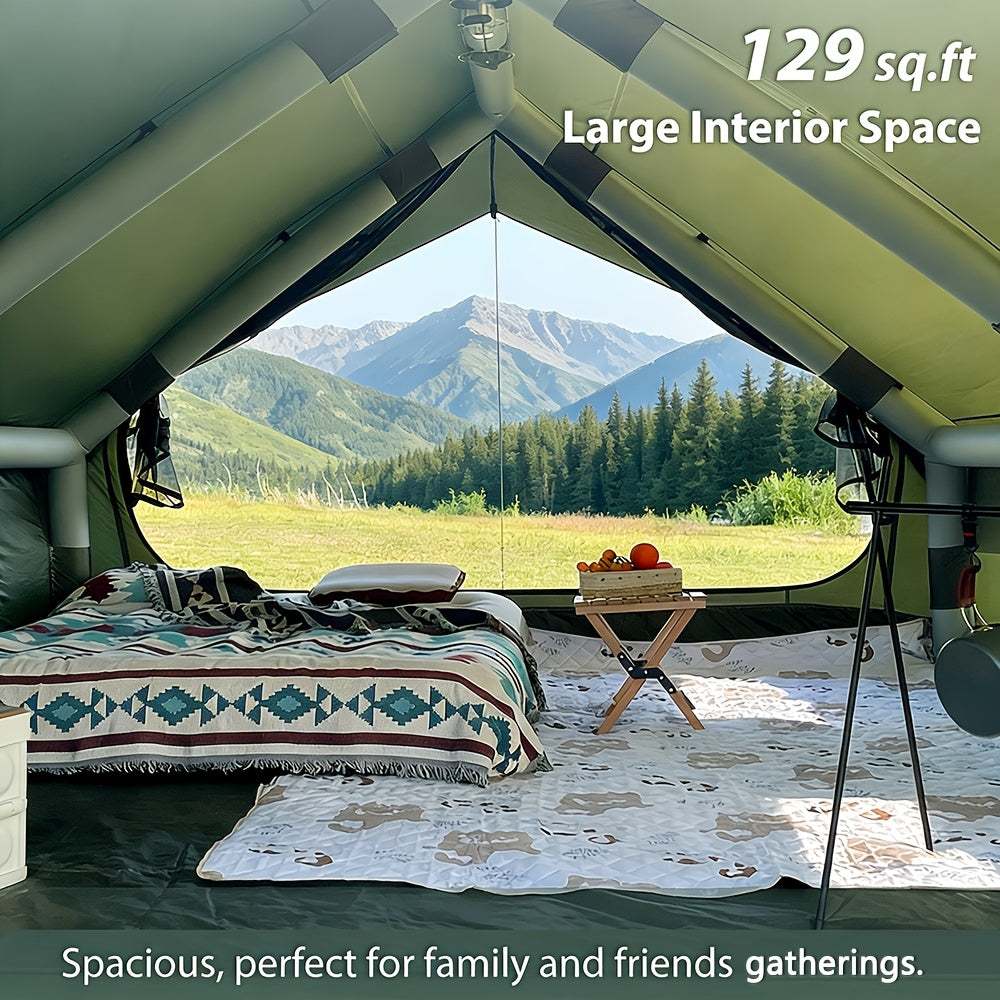 129 Sq.ft Inflatable Camping Tent | Outdoor Blow Up Tent Oxford 4 Season Air Tent Cabin House with Mesh Windows & Door, PVC & Polyester Material, Double Door, 2000mm-3000mm, Suitable for All Seasons