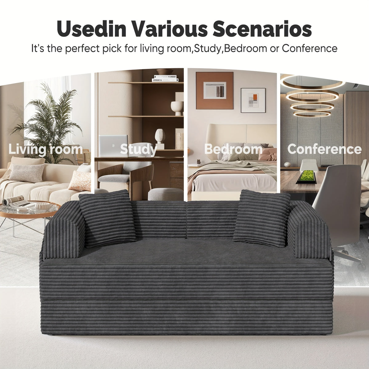 81"Convertible Floor Sleeper Sofa Bed - 3-Person Space-Saving Love Seat with Pull-Out Bed, Corduroy Boneless Compression Memory Foam, Comfy Lounge Couch for Living Room, Bedroom, Apartment, Office, No Assembly Required
