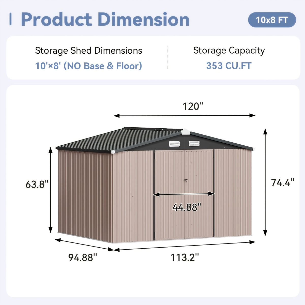 6X4/8X6/10X8/10X12Ft Gable Roof Metal Storage Shed, Heavy Duty Outdoor Garden Shed with Lockable Doors And Vents, Weather-Resistant Utility Shed for Backyard Tools, Brown/Black