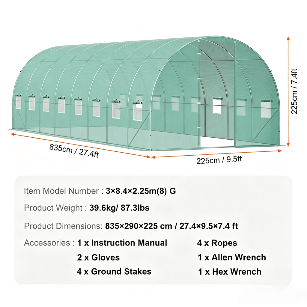 VEVOR Walk-in Tunnel Greenhouse 19.36x9.68x7.4/27.38x9.5x7.38ft Galvanized Frame PE Cover Green (No Door)